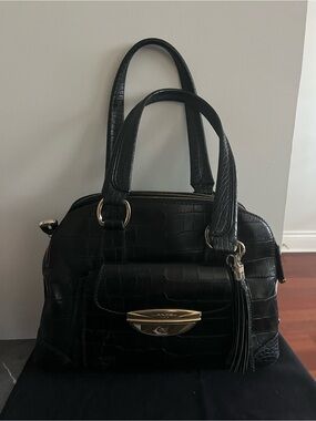 Black Croc-Embossed Satchel with Tassel Accent